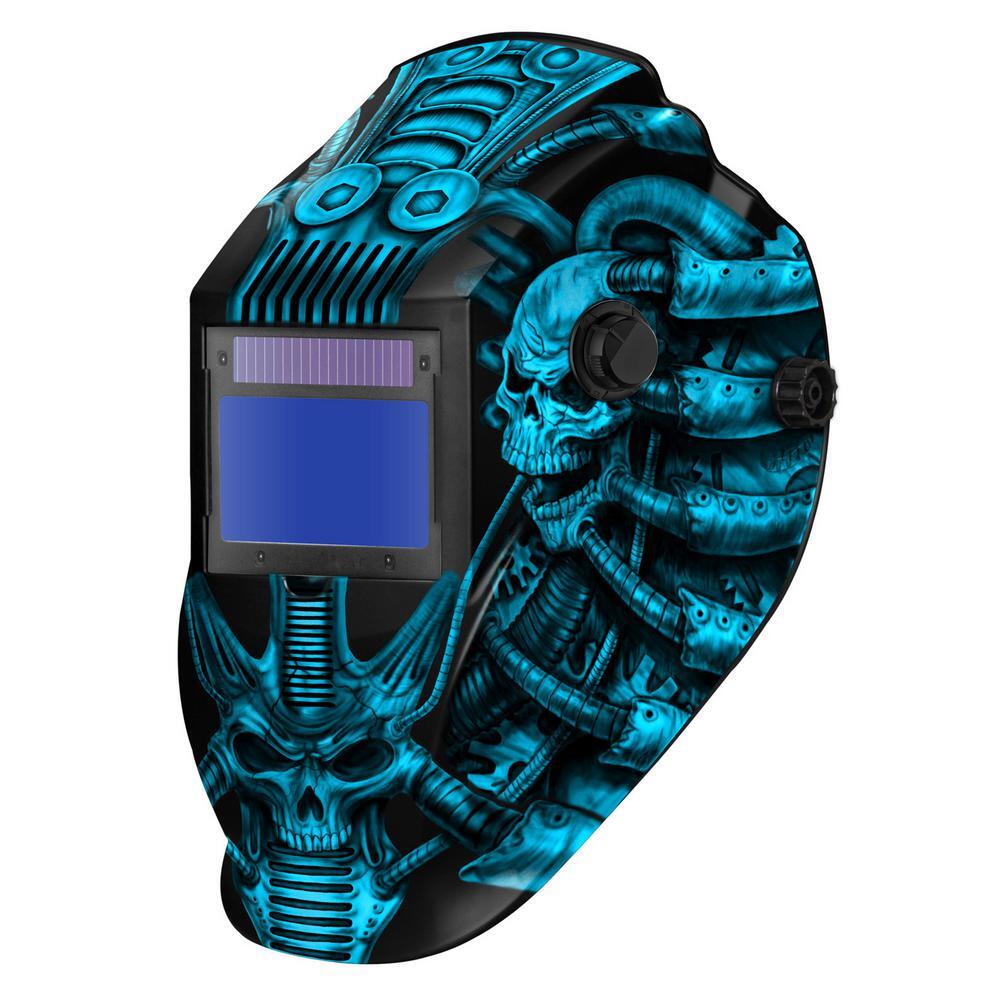 ATECB8735SGC Big Window 8735 Auto Darkening Welding Helmet - Blue Techo Skull ATECB8735SGC Big Window 8735 Auto Darkening Welding Helmet - Blue Techo Skull